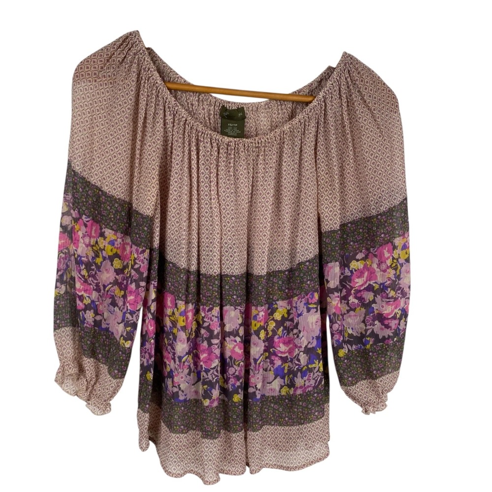 Anthropologie Fei  Silk Boho Fairy Cottage Core Semi Sheer Floral Top Sz XS
